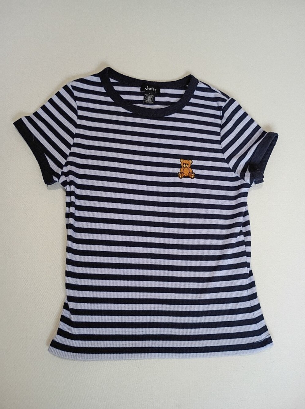Justify Striped Tee with Bear Embroidery (White Seems To Be Light Blue) Sz L